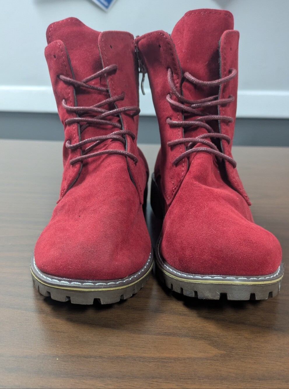Women's Red Faux Suede Lace-Up Boots